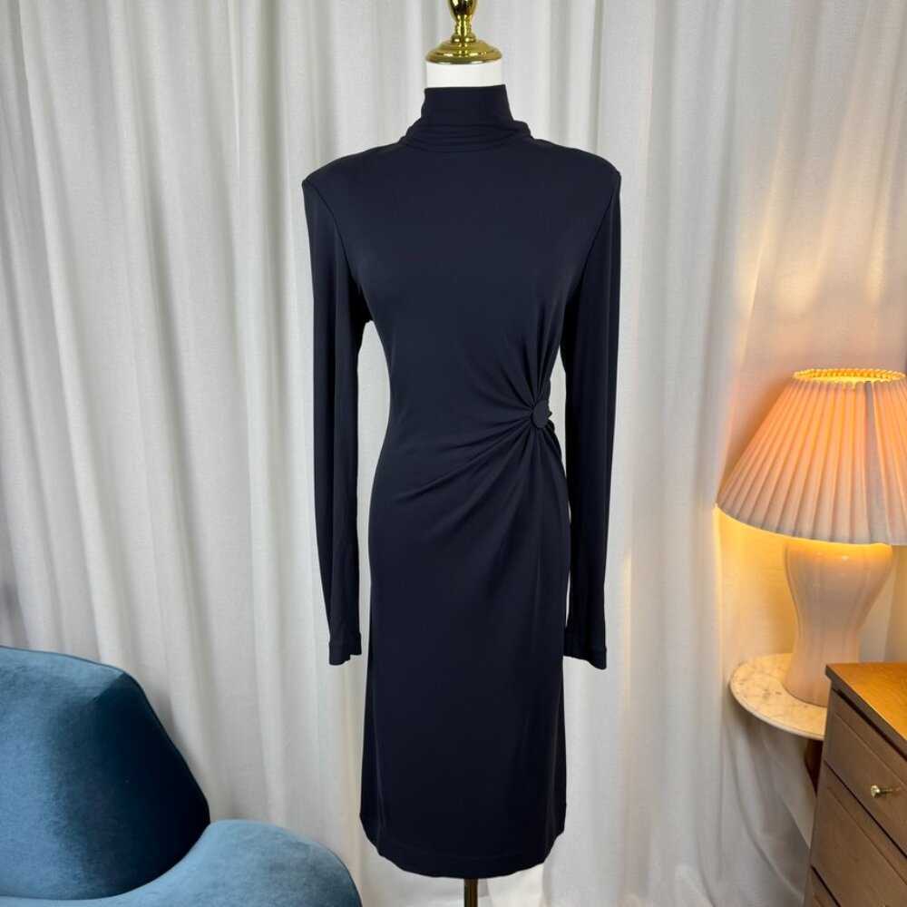 VTG Mock Neck Gathered Waist Exposed Riri Zipper Midi Dress - Picture 9 of 9